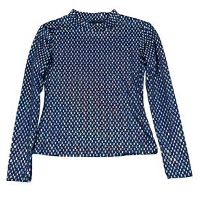 Navy Blue Large Top Iridescent Stretch LS Mock Neck Festive Glam NYE Party Disco
